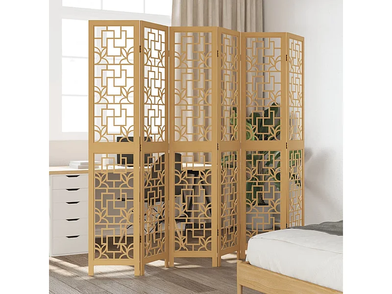 Biombo separador de 6 paneles madera maciza paulownia marrón ES692106