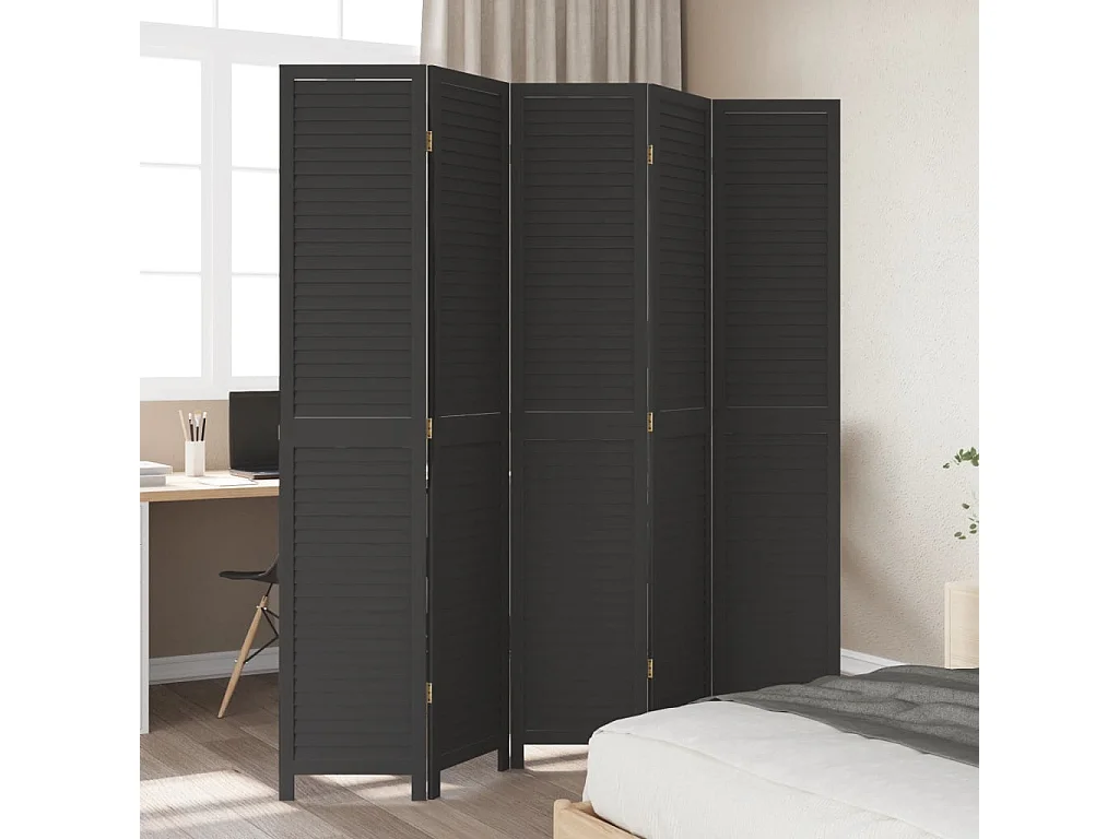 Paravent - Cloison de séparation 5 panneaux noir bois de paulownia massif FR97021