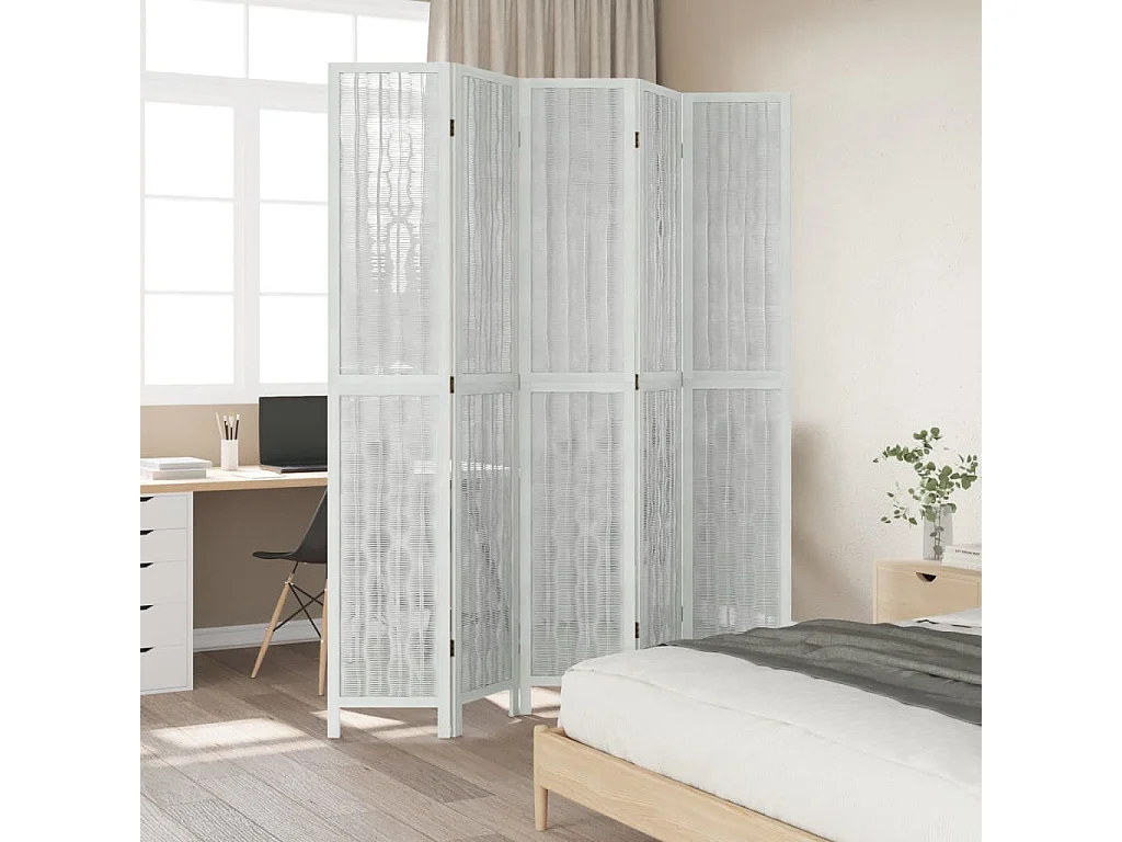 Kamerscherm met 5 panelen massief paulowniahout wit BE572170