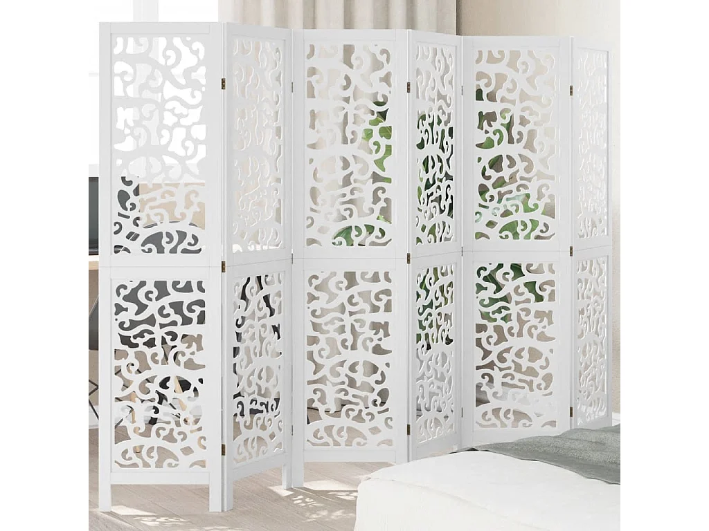Biombo separador de 6 paneles madera maciza Paulownia blanco ES107247