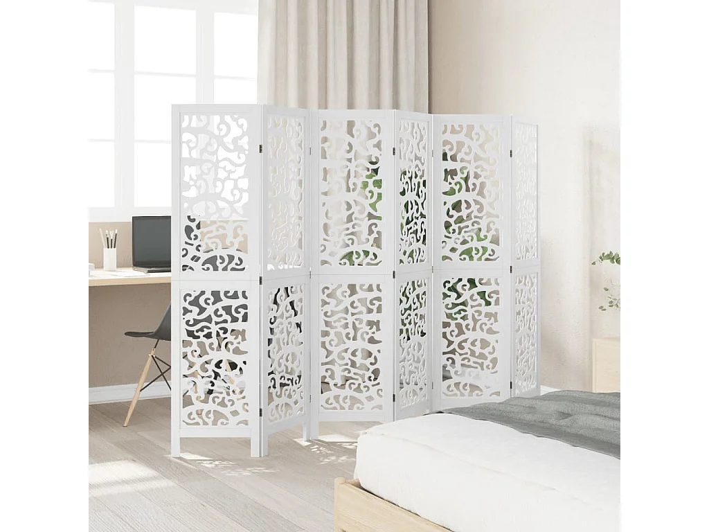Biombo separador de 6 paneles madera maciza Paulownia blanco ES107247