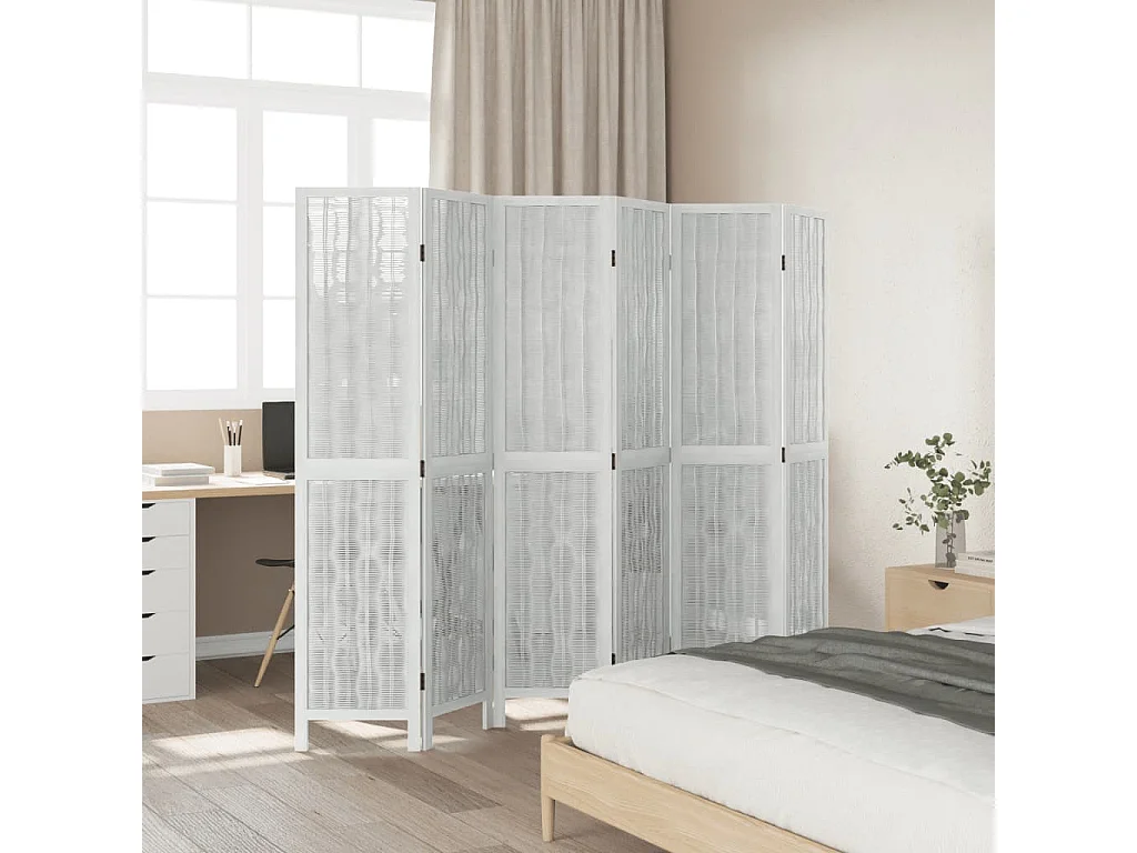 Biombo separador de 6 paneles madera maciza Paulownia blanco ES870497