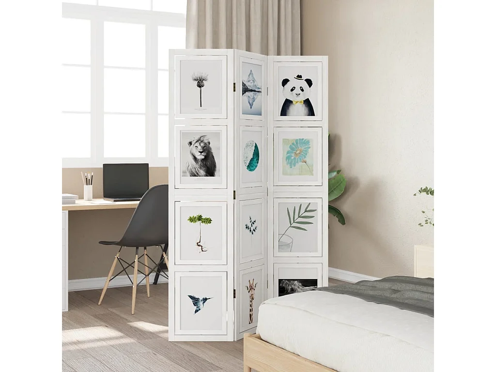 Biombo separador de 3 paneles madera maciza Paulownia blanco ES702253