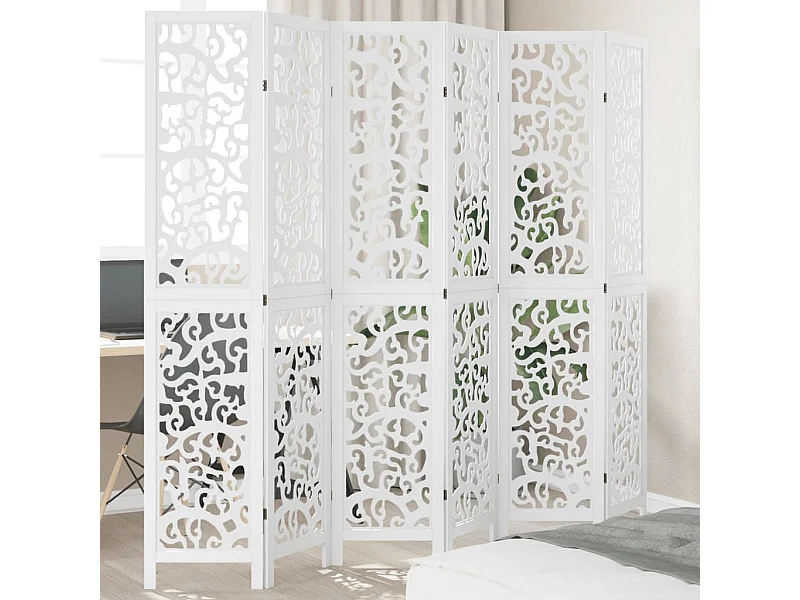 Biombo separador de 6 paneles madera maciza Paulownia blanco ES771096