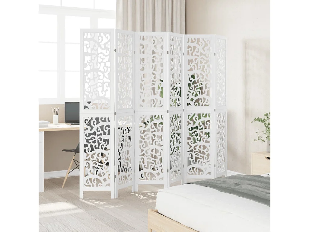Biombo separador de 6 paneles madera maciza Paulownia blanco ES771096