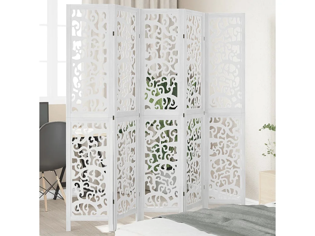 Biombo separador de 5 paneles madera maciza Paulownia blanco ES149638