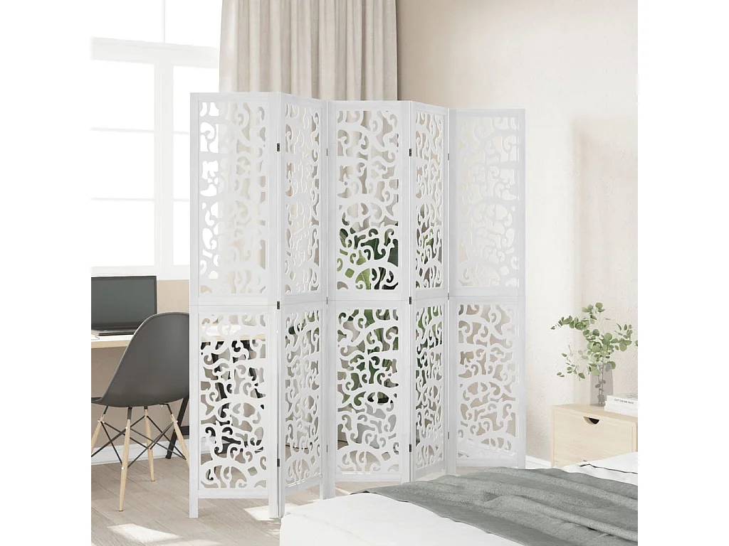 Paravent - Cloison de séparation 5 panneaux blanc bois de paulownia massif FR98847