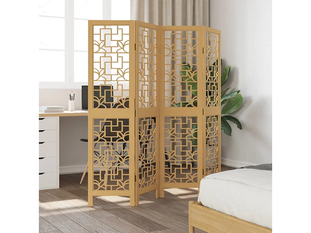 Paravent - Cloison de séparation 4 panneaux marron bois paulownia massif FR46557