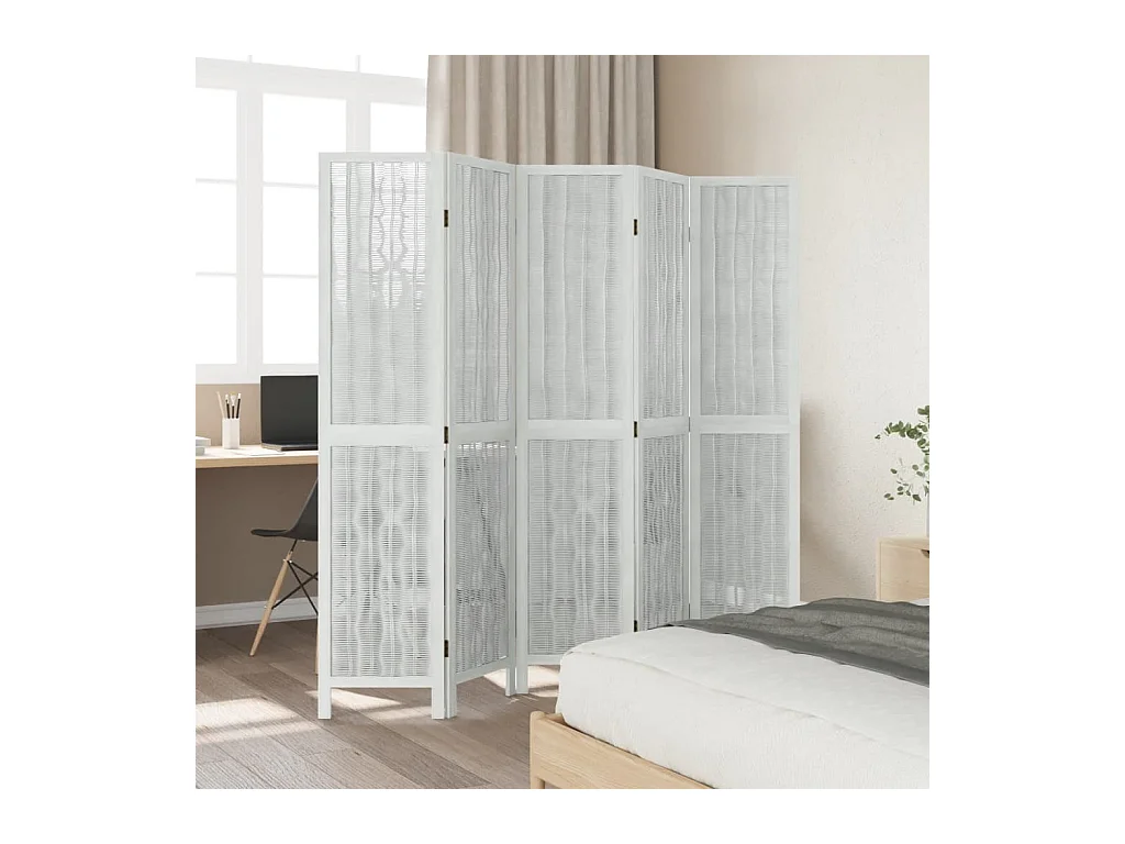Biombo separador de 5 paneles madera maciza Paulownia blanco ES859261