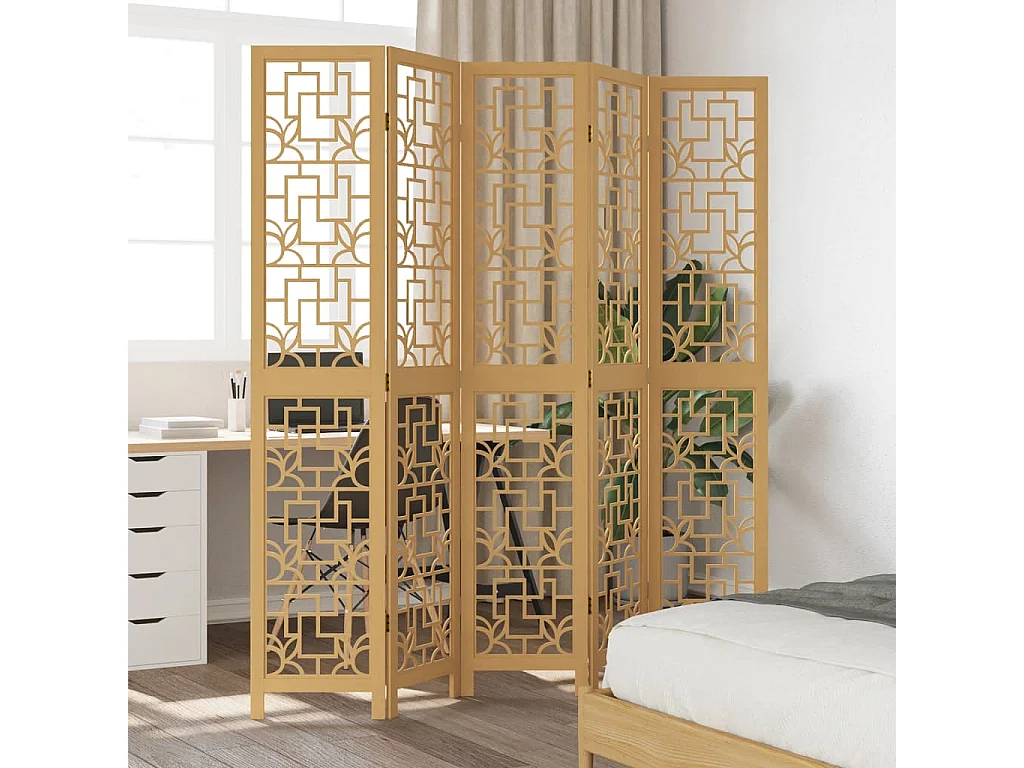 Biombo separador de 5 paneles madera maciza paulownia marrón ES507010
