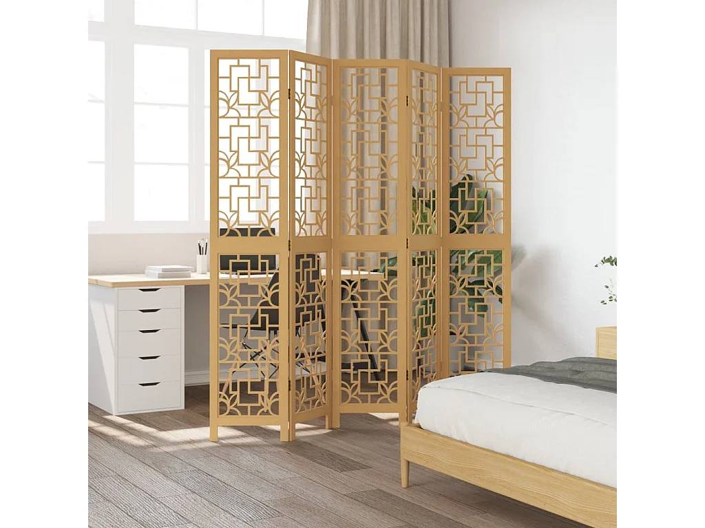 Biombo separador de 5 paneles madera maciza paulownia marrón ES507010