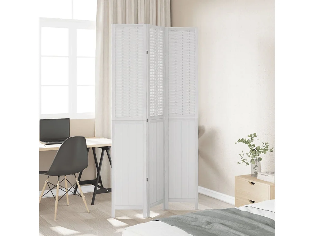 Biombo separador de 3 paneles madera maciza Paulownia blanco ES923756