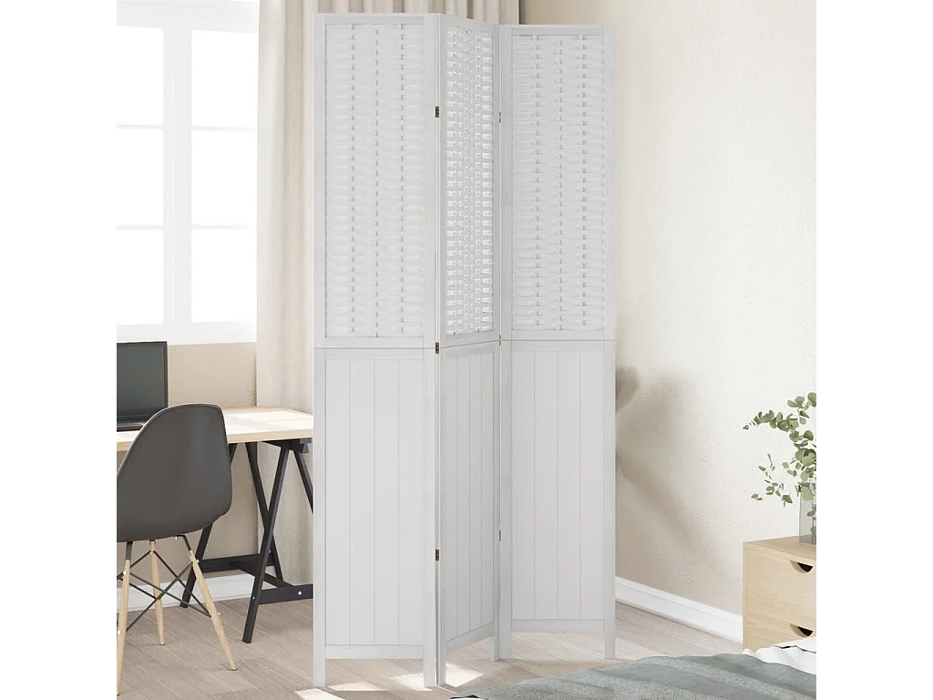 Biombo separador de 3 paneles madera maciza Paulownia blanco ES923756