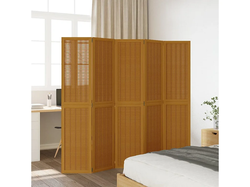 Biombo separador de 5 paneles madera maciza paulownia marrón ES277706