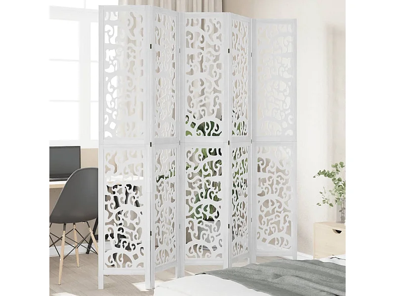 Biombo separador de 5 paneles madera maciza Paulownia blanco ES939340