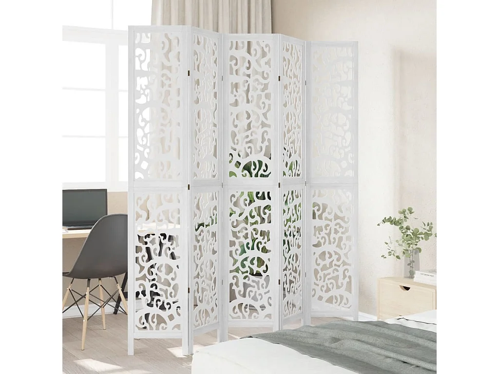Biombo separador de 5 paneles madera maciza Paulownia blanco ES939340