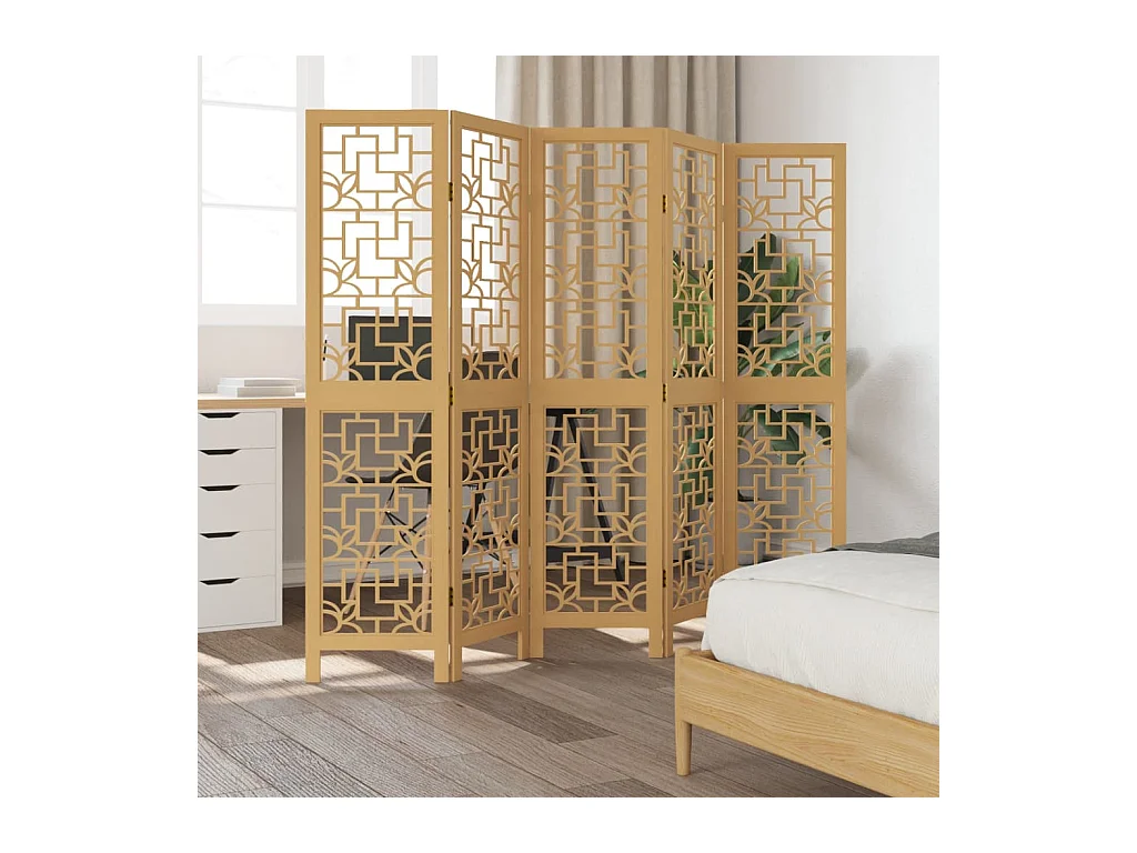 Biombo separador de 5 paneles madera maciza paulownia marrón ES240758
