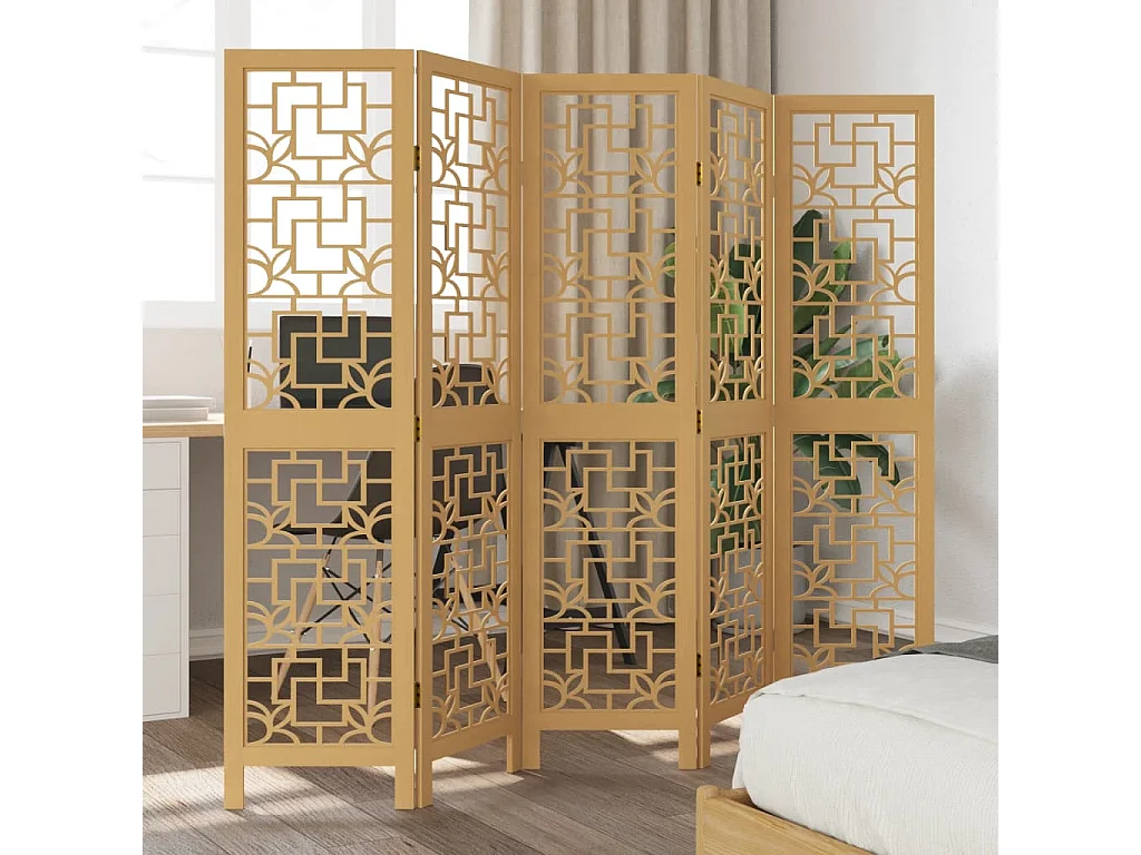Biombo separador de 5 paneles madera maciza paulownia marrón ES240758