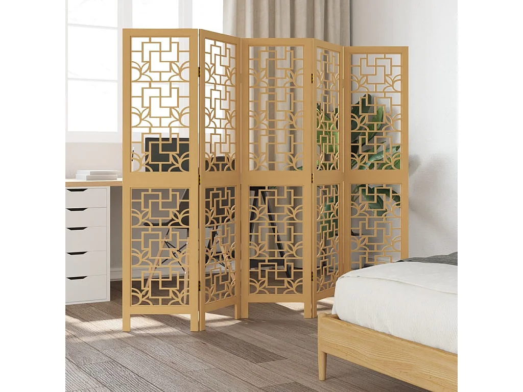 Biombo separador de 5 paneles madera maciza paulownia marrón ES240758
