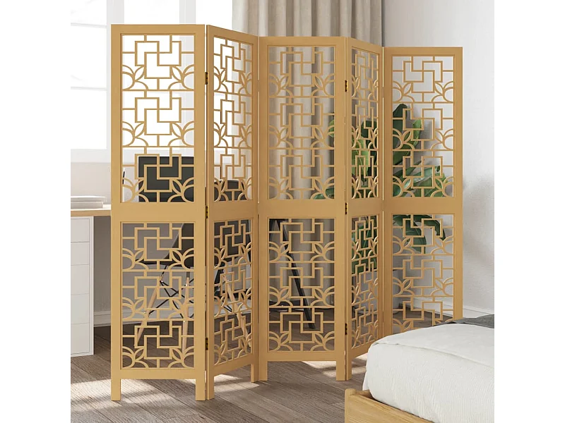 Biombo separador de 5 paneles madera maciza paulownia marrón ES240758