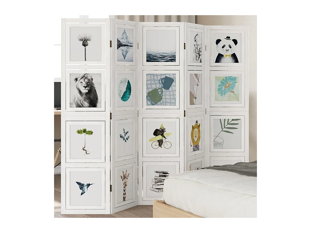 Biombo separador de 5 paneles madera maciza Paulownia blanco ES762723