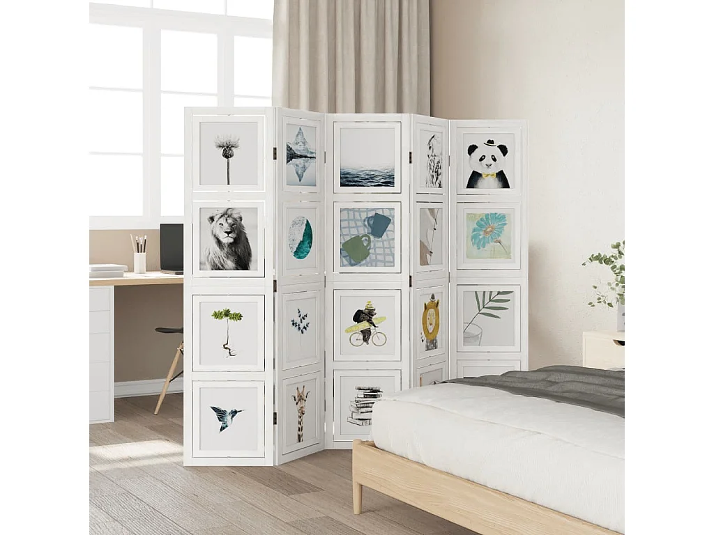 Biombo separador de 5 paneles madera maciza Paulownia blanco ES762723