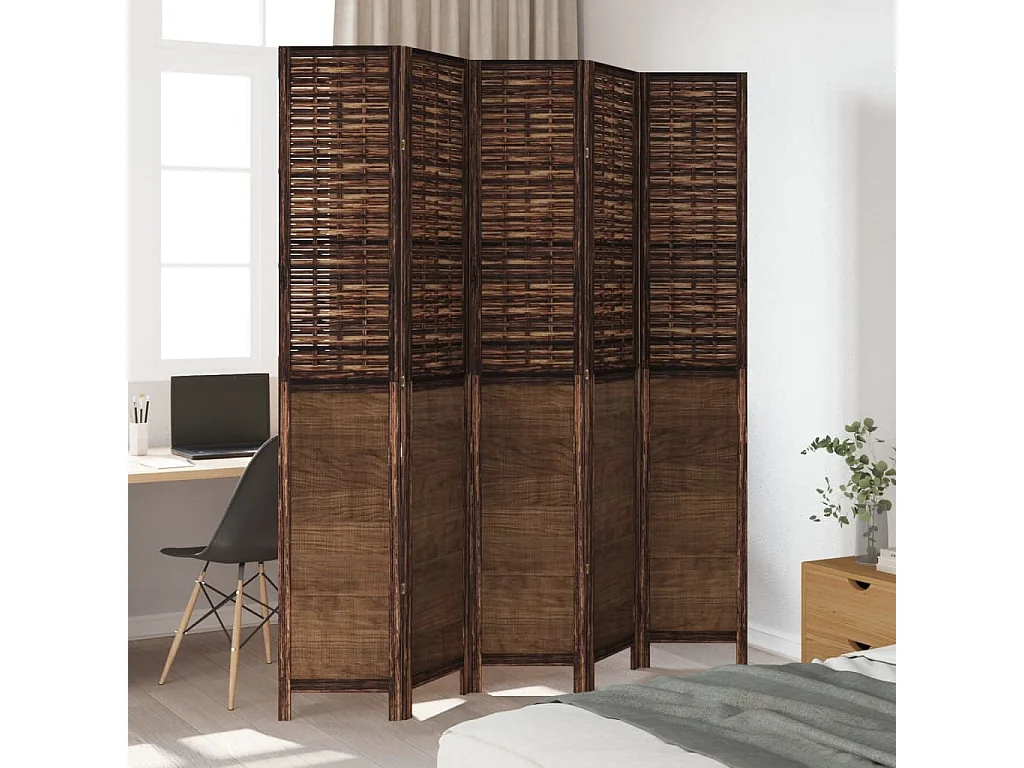 Biombo separador de 5 paneles madera paulownia marrón oscuro ES300539