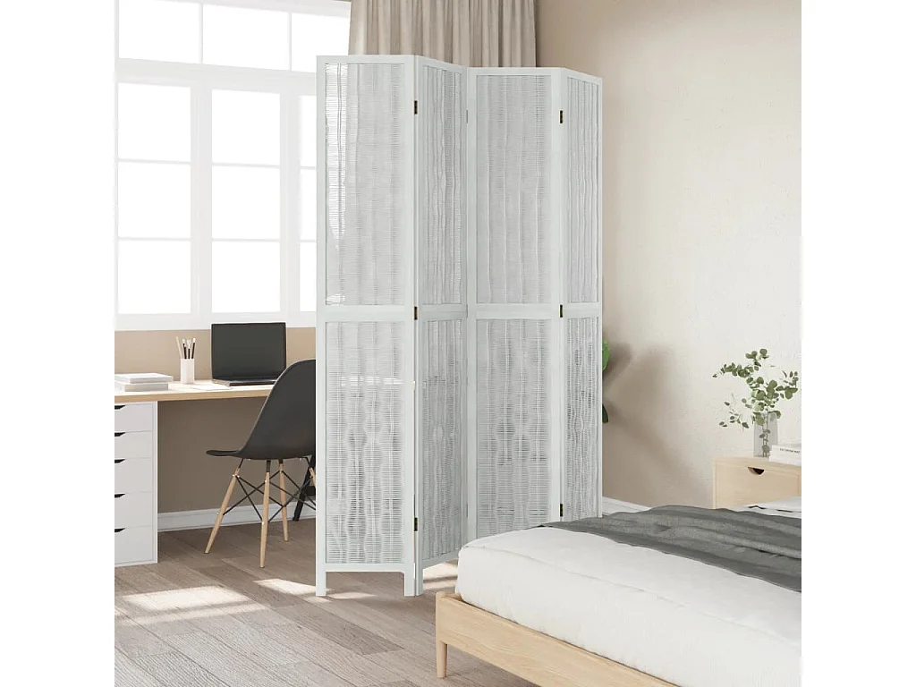 Biombo separador de 4 paneles madera maciza Paulownia blanco ES902621