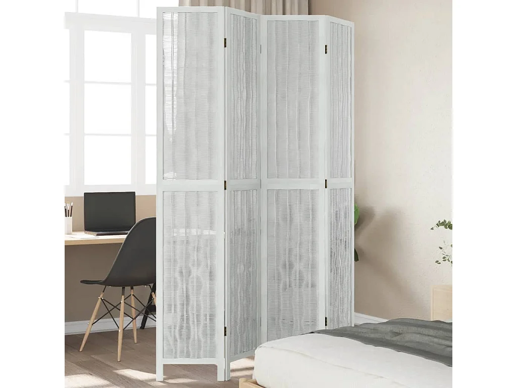 Biombo separador de 4 paneles madera maciza Paulownia blanco ES902621