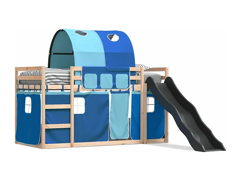 Lit superposé avec toboggan et rideaux bleu 90x200 cm FR93676