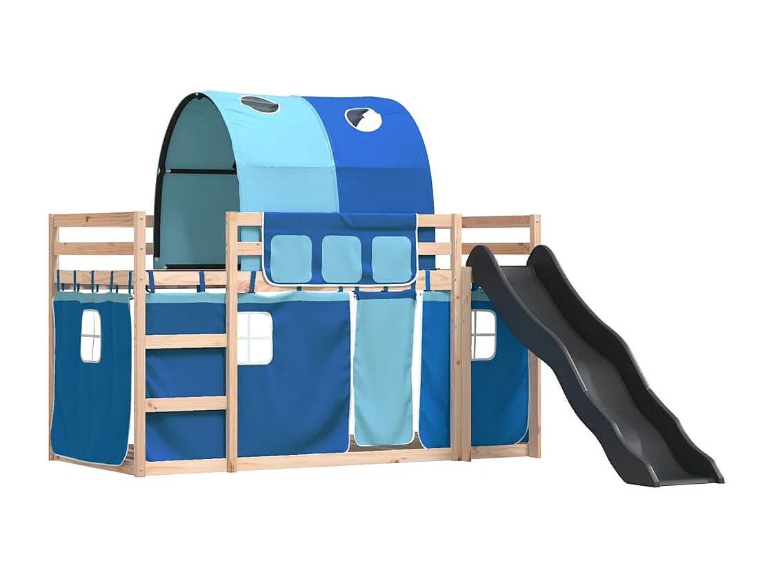 Lit superposé avec toboggan et rideaux bleu 90x200 cm FR93676