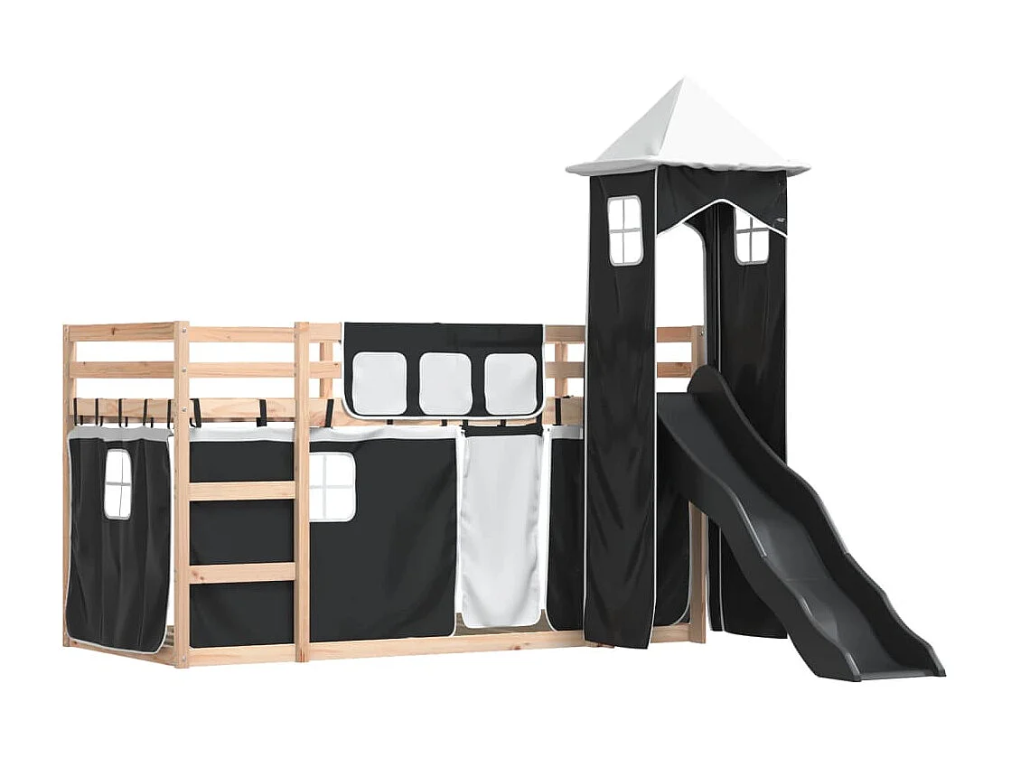 Lit superposé avec toboggan et rideaux blanc et noir 80x200 cm FR95775