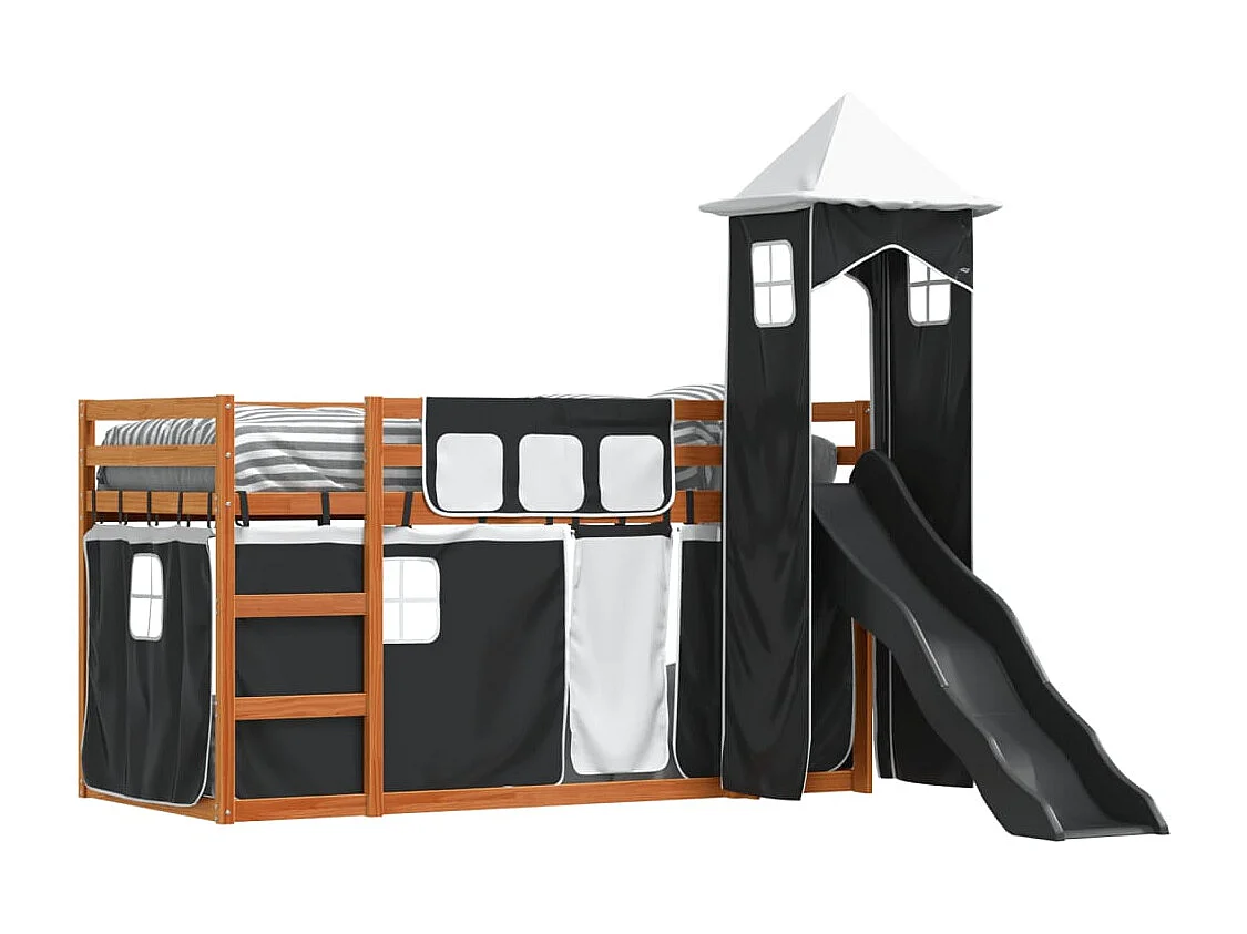 Lit superposé avec toboggan et rideaux blanc et noir 90x200 cm FR78306