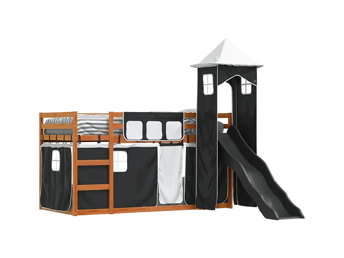 Lit superposé avec toboggan et rideaux blanc et noir 90x200 cm FR78306