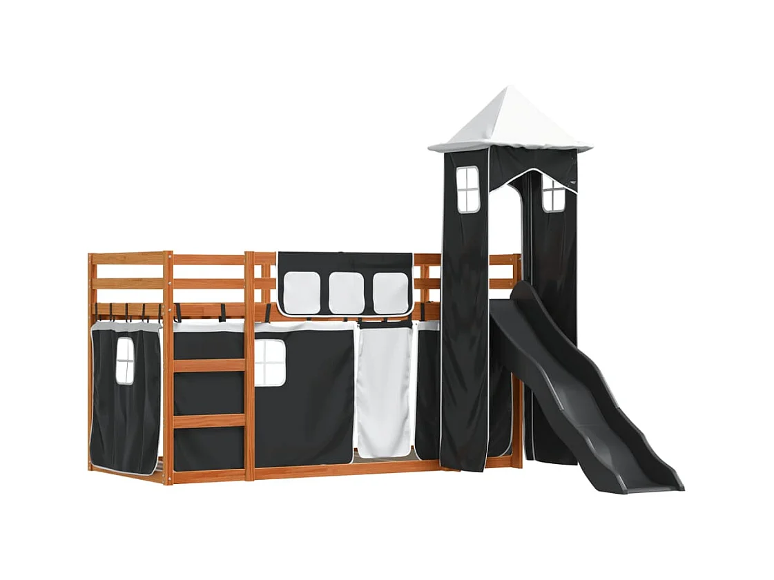 Lit superposé avec toboggan et rideaux blanc et noir 90x200 cm FR78306