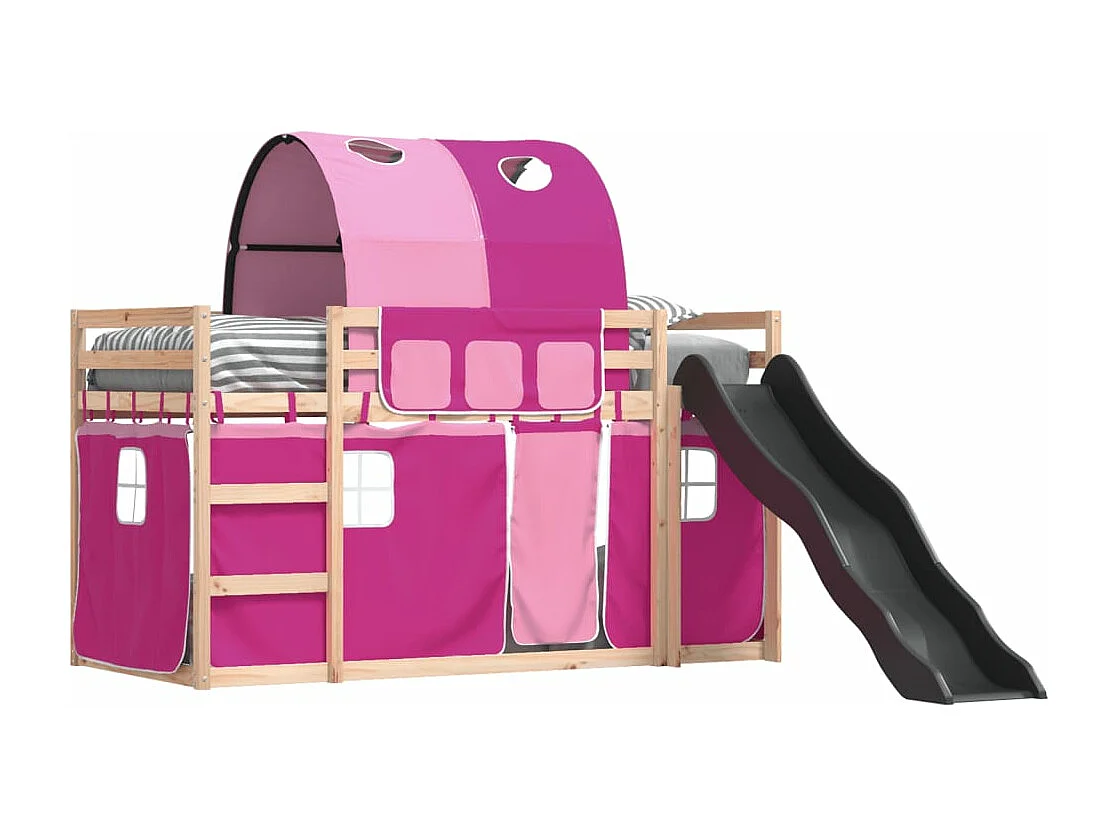 Lit superposé avec toboggan et rideaux rose 80x200 cm FR87066