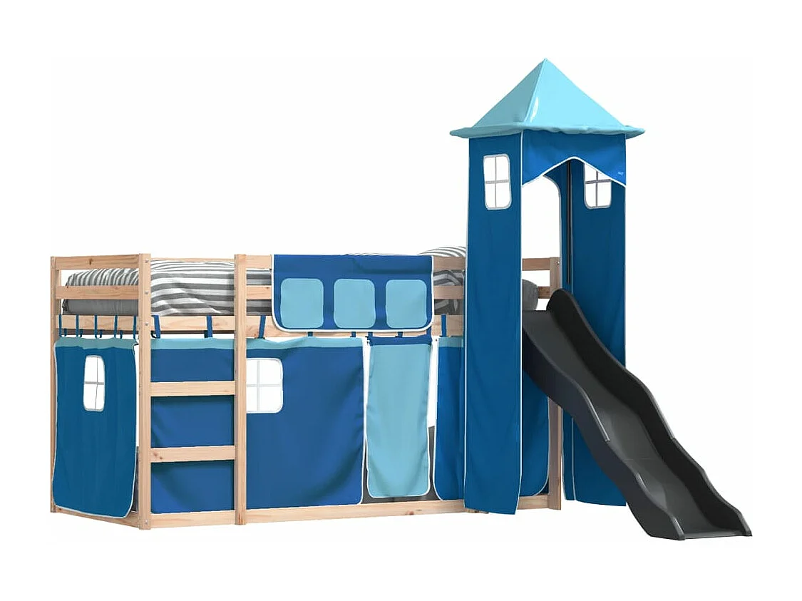 Lit superposé avec toboggan et rideaux bleu 90x190 cm FR92280