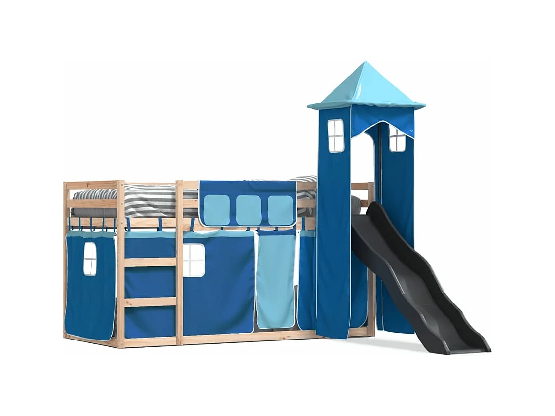 Lit superposé avec toboggan et rideaux bleu 90x190 cm FR92280