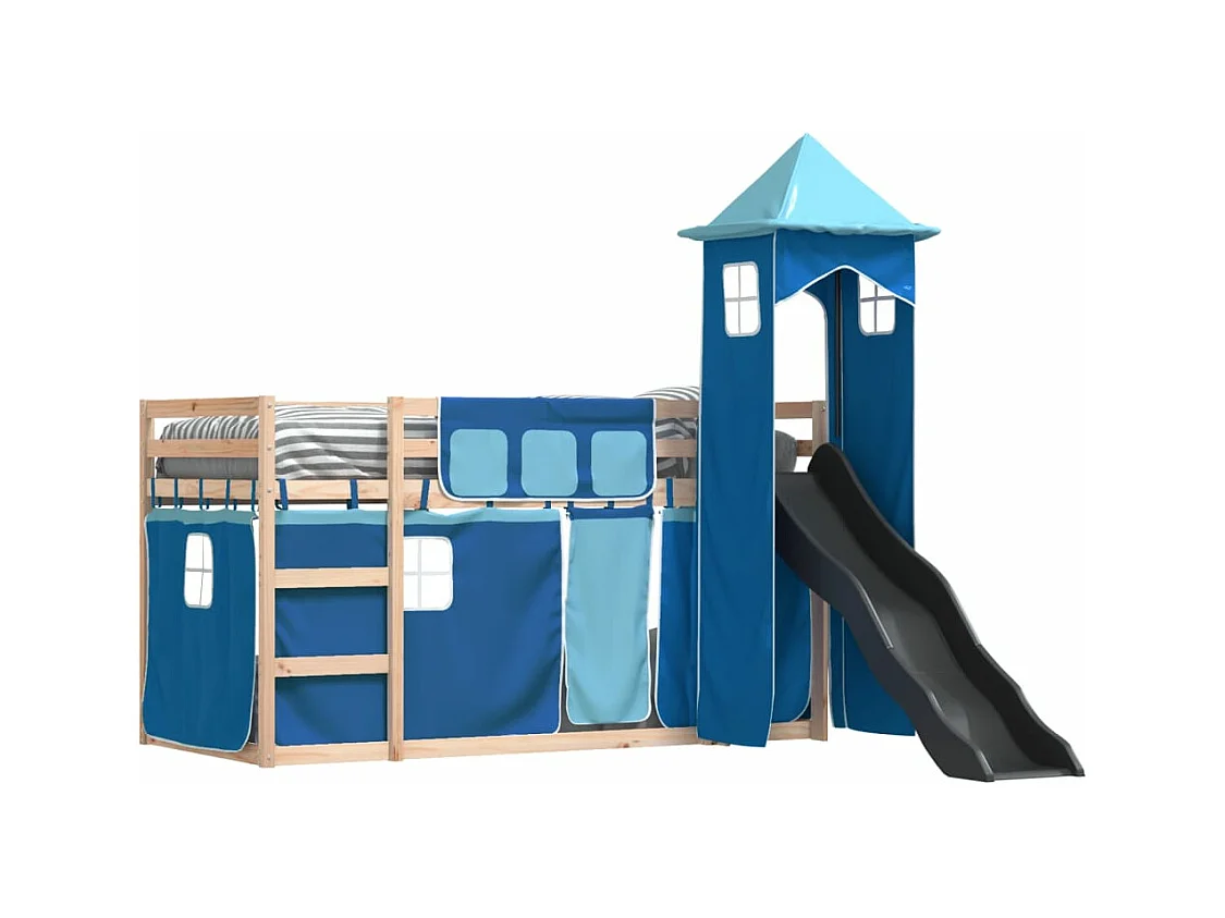 Lit superposé avec toboggan et rideaux bleu 90x190 cm FR92280
