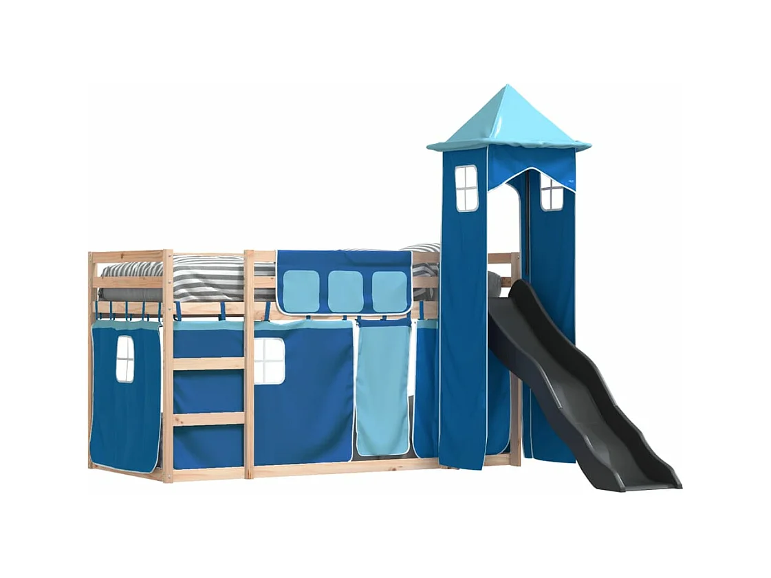 Lit superposé avec toboggan et rideaux bleu 90x190 cm FR92280
