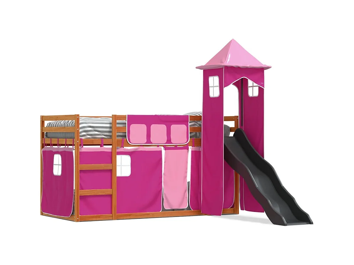 Lit superposé avec toboggan et rideaux rose 90x200 cm FR61857