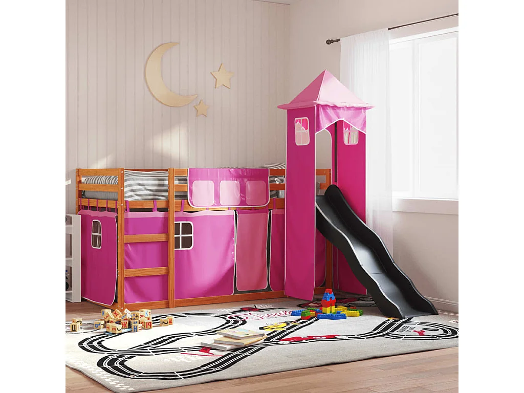 Lit superposé avec toboggan et rideaux rose 90x200 cm FR61857