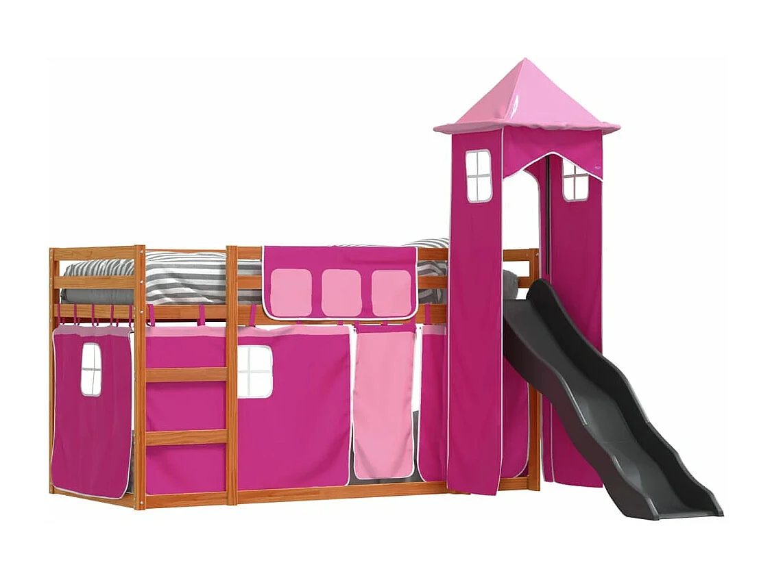 Lit superposé avec toboggan et rideaux rose 90x200 cm FR61857