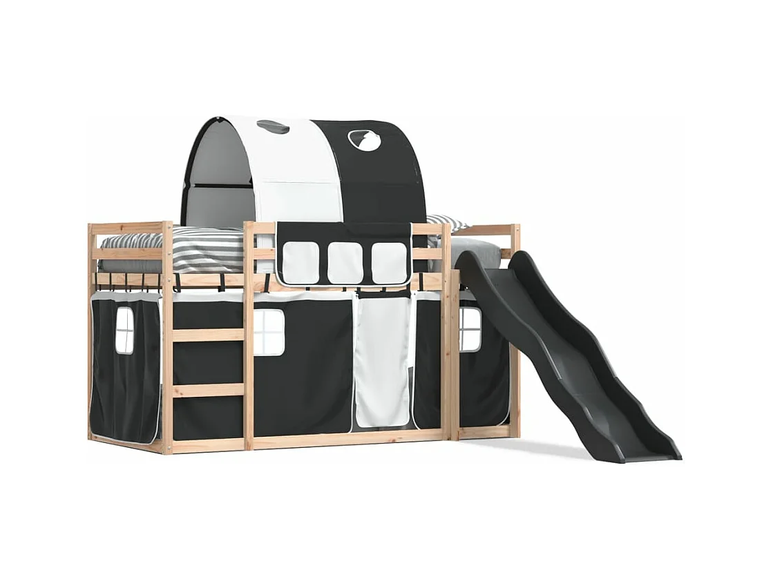 Lit superposé avec toboggan et rideaux blanc et noir 90x190 cm FR84674