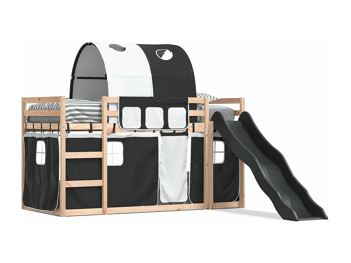 Lit superposé avec toboggan et rideaux blanc et noir 90x190 cm FR84674
