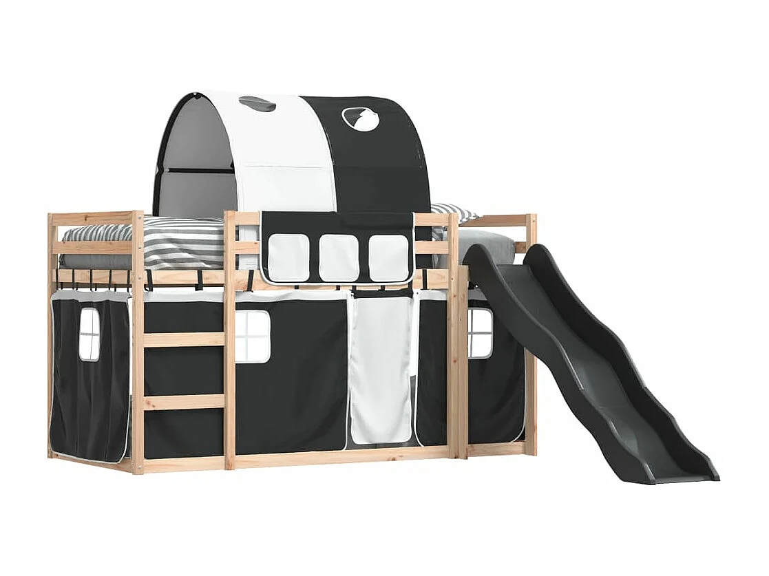 Lit superposé avec toboggan et rideaux blanc et noir 90x190 cm FR84674