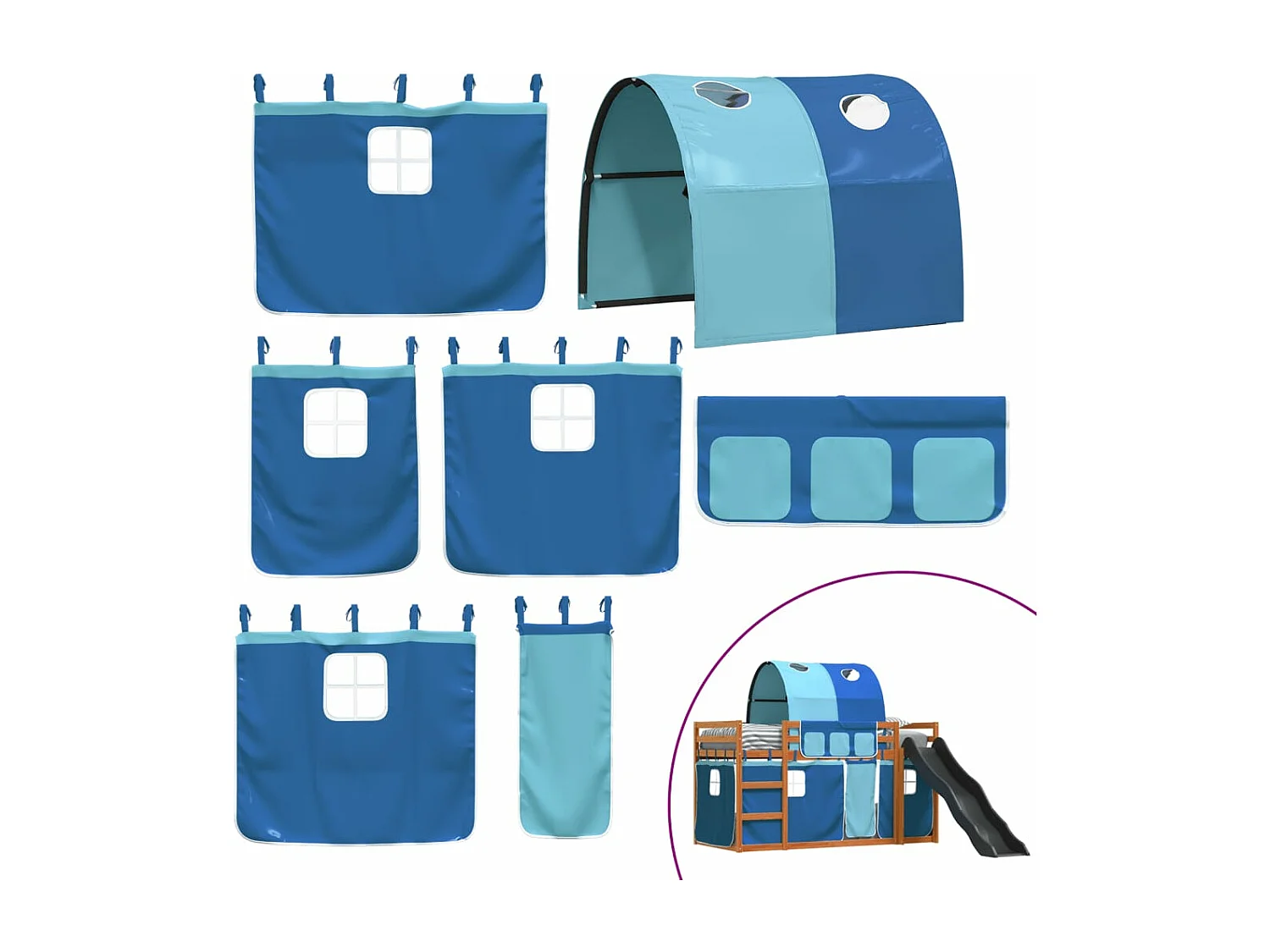 Lit superposé avec toboggan et rideaux bleu 90x200 cm FR49418