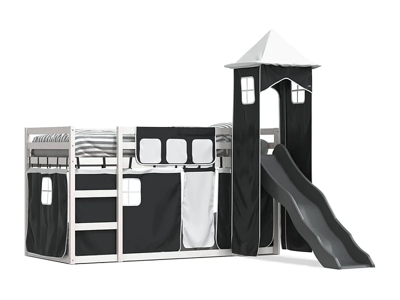 Lit superposé avec toboggan et rideaux blanc et noir 80x200 cm FR17390