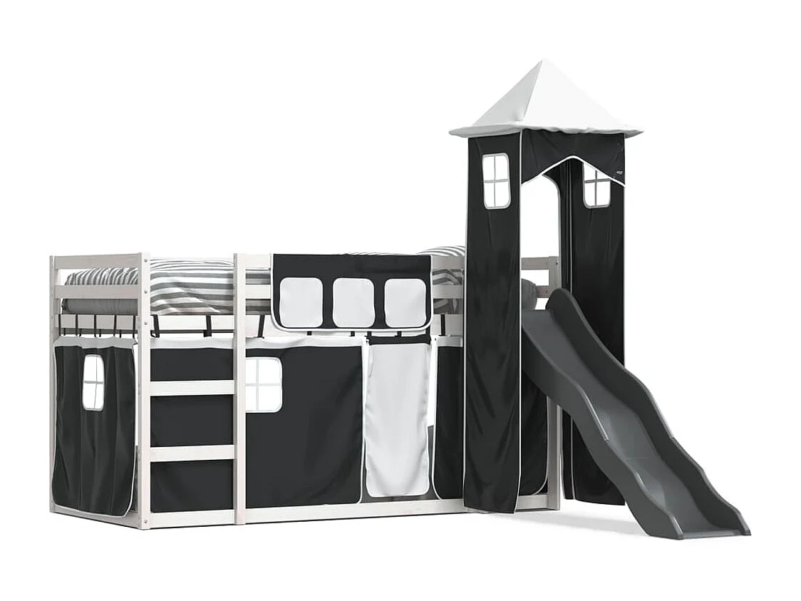 Lit superposé avec toboggan et rideaux blanc et noir 80x200 cm FR17390