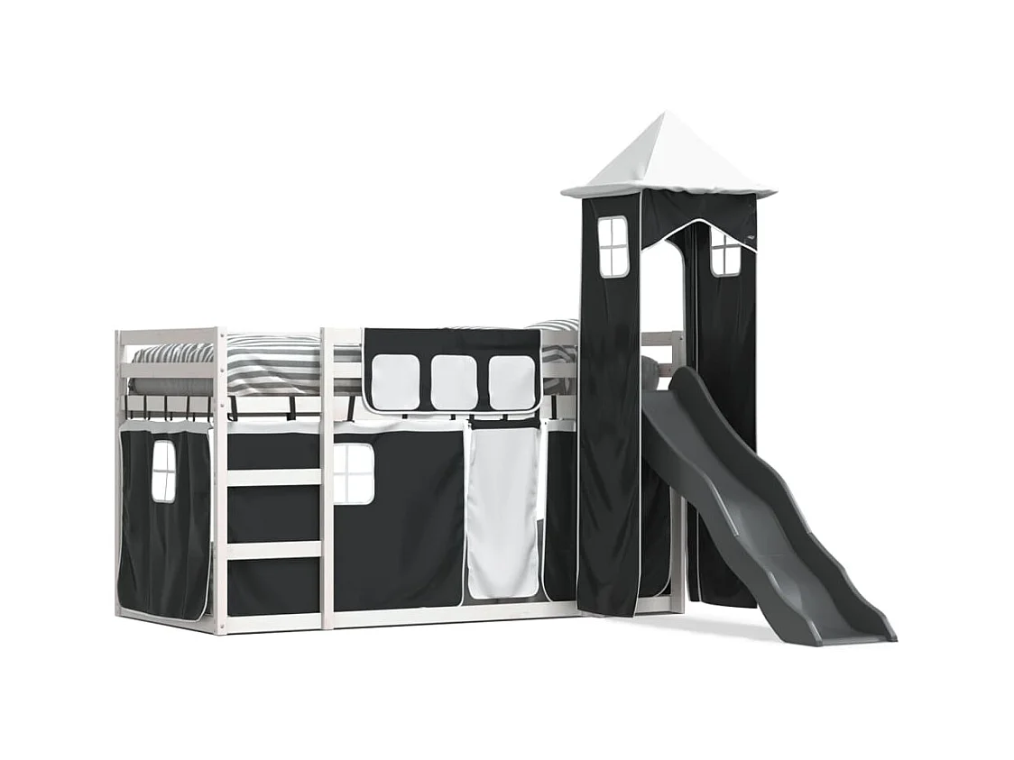 Lit superposé avec toboggan et rideaux blanc et noir 80x200 cm FR17390
